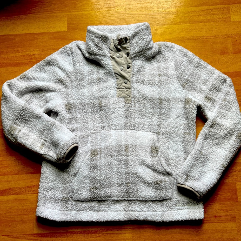 Eddie Bauer Fleece Half Snap Plaid Pullover White and Gray Women’s Size M